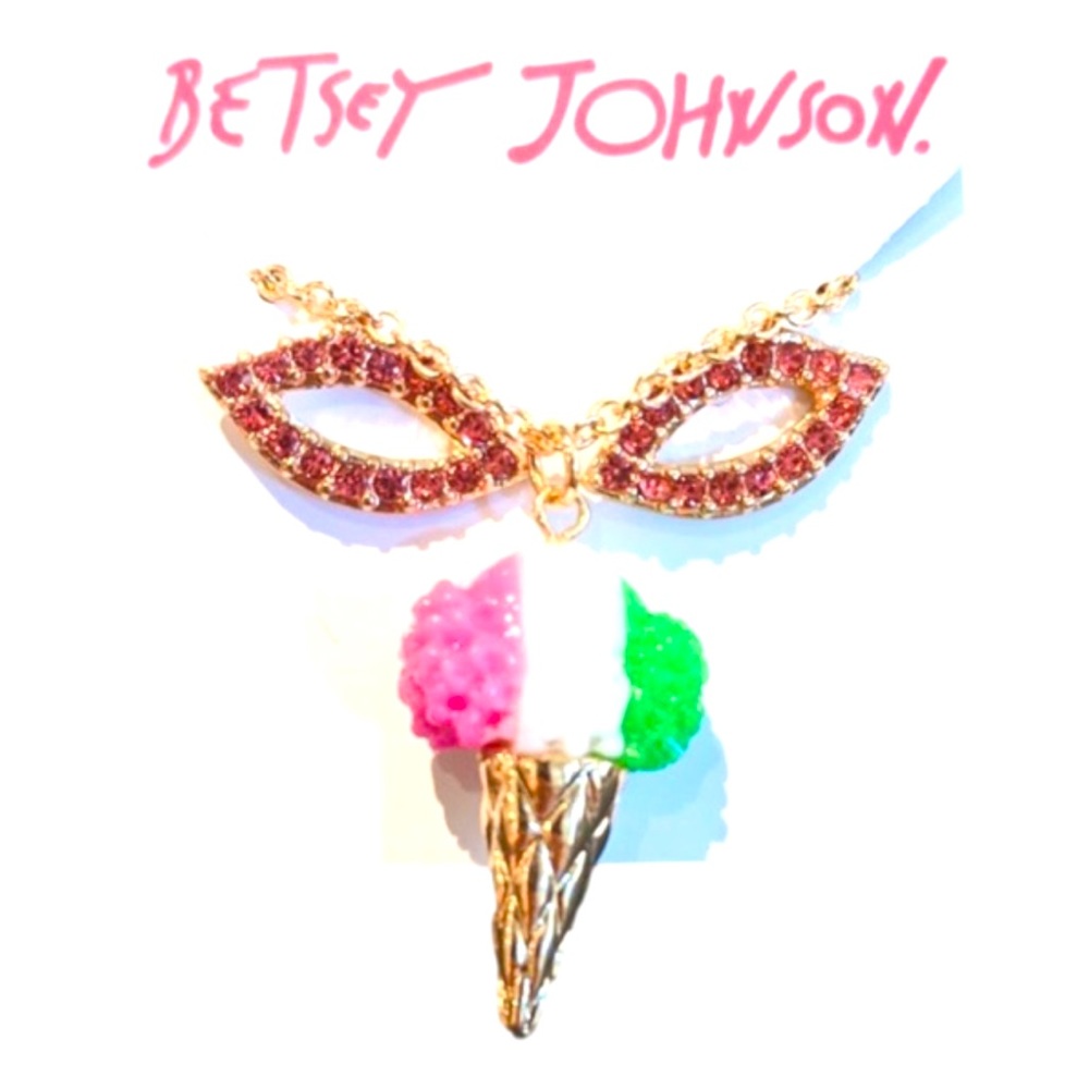 Betsey Johnson Ice Cream Cone Necklace and Lip Stud Earrings Set